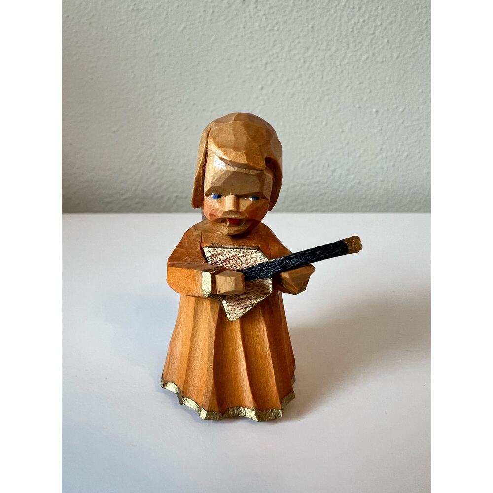Hand Carved Small Wooden Nativity Christmas Angel Figure Playing Banjo